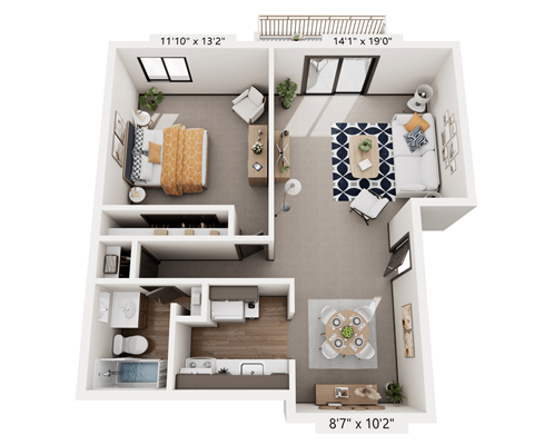 Floor plan for 1 bed, 1 bath, 700 sqft
